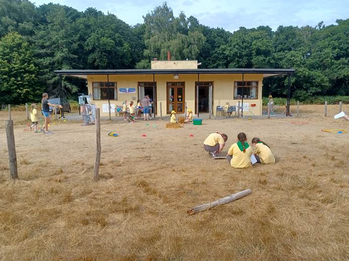 Lots of Brownies do activities in front of a small yellow building, sitting on dry grass. Behind the building are trees and blue sky