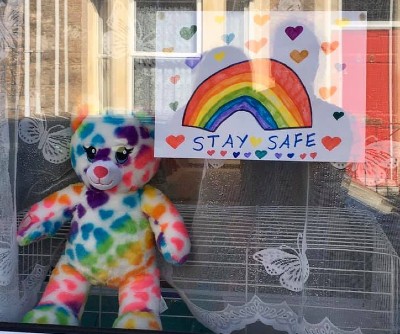 Jenni Spence's daughter's Stay safe rainbow drawing and bear