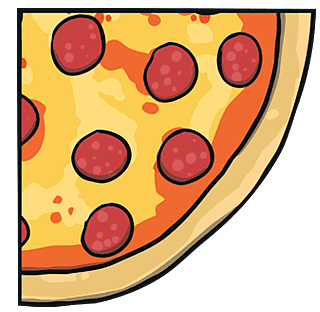 Cartoon pepperoni pizza slice. It's a quarter of a circle.