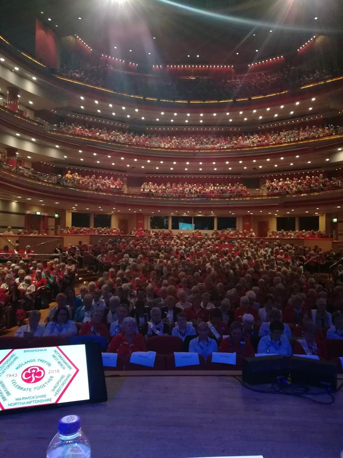 A large theatre is filled with Trefoil Guild members. At the front of the photo is a tablet showing a presentation