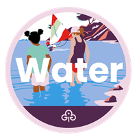 Ranger water adventure badge with graphics of girls paddling and sailing